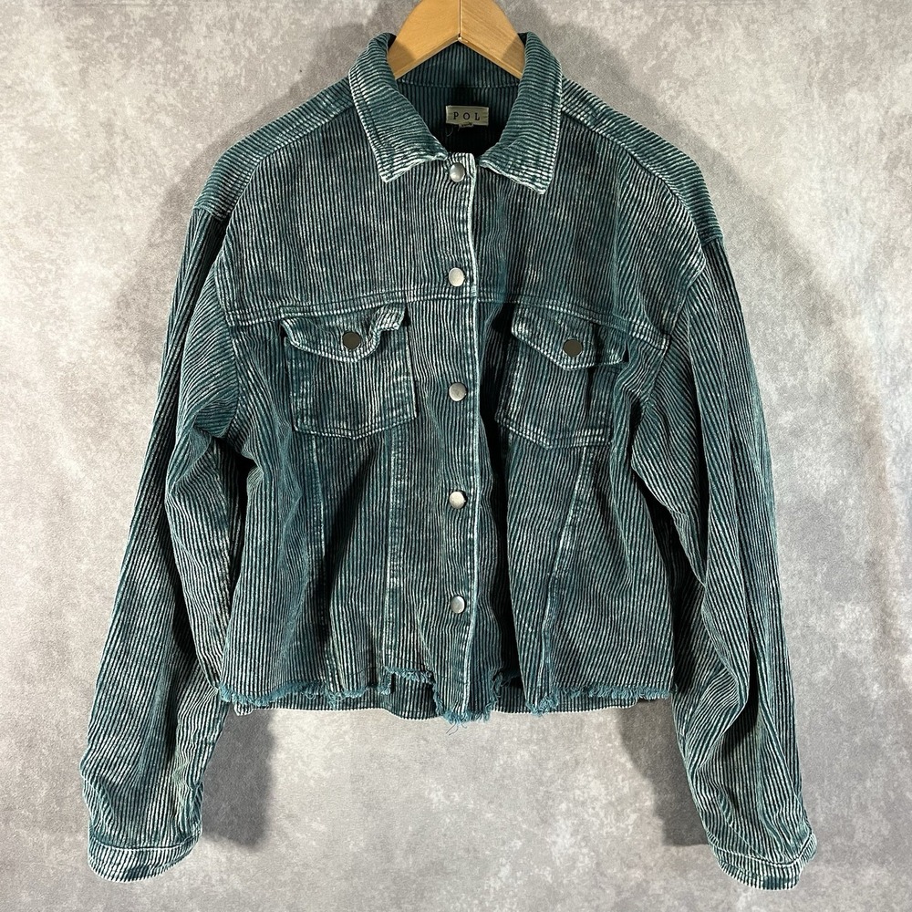 POL Corduroy Jacket Women Large Teal Blue Cropped Button Up Frayed Hem JFT399